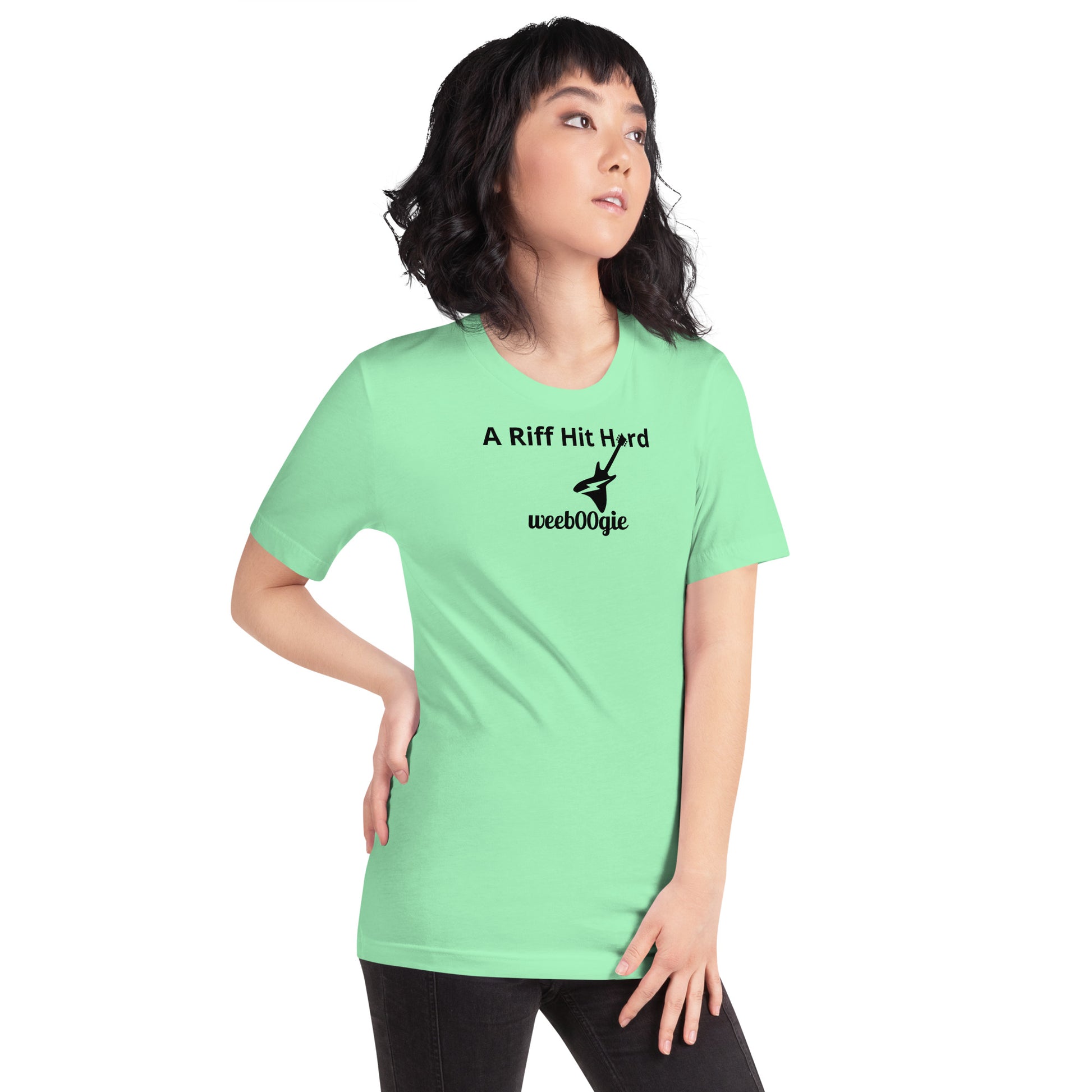 Unisex Staple T-Shirt with 'A Riff Hit Hard' Design and wee b00gie Logo - 100% Airlume Combed Ring-Spun Cotton with Side-Seamed Construction - Classic Fit with Shoulder-to-Shoulder Taping - Perfect for Music Lovers and Dance Enthusiasts - wee b00gie store