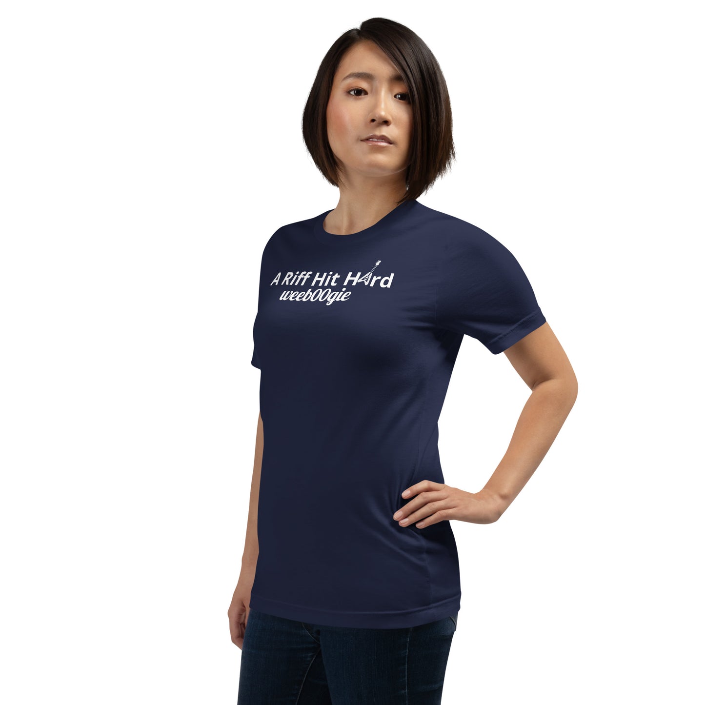 Unisex Staple T-Shirt with 'A Riff Hit Hard' Design and wee b00gie Logo - 100% Airlume Combed Ring-Spun Cotton with Side-Seamed Construction - Classic Fit with Shoulder-to-Shoulder Taping - Perfect for Music Lovers and Dance Enthusiasts - wee b00gie store