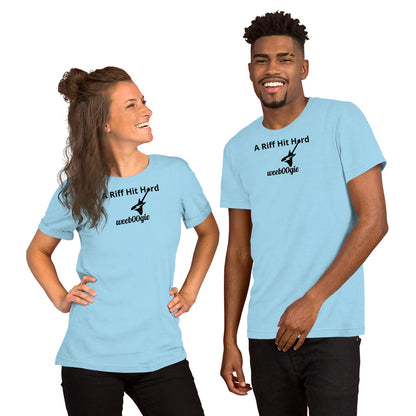 Unisex Staple T-Shirt with 'A Riff Hit Hard' Design and wee b00gie Logo - 100% Airlume Combed Ring-Spun Cotton with Side-Seamed Construction - Classic Fit with Shoulder-to-Shoulder Taping - Perfect for Music Lovers and Dance Enthusiasts - wee b00gie store