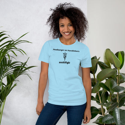  Unisex Staple T-Shirt with 'Headbanger on Handlebars' Design and wee b00gie Logo - 100% Airlume Combed Ring-Spun Cotton with Side-Seamed Construction - Classic Fit with Shoulder-to-Shoulder Taping - Perfect for Cyclists and Music Lovers - wee b00gie store