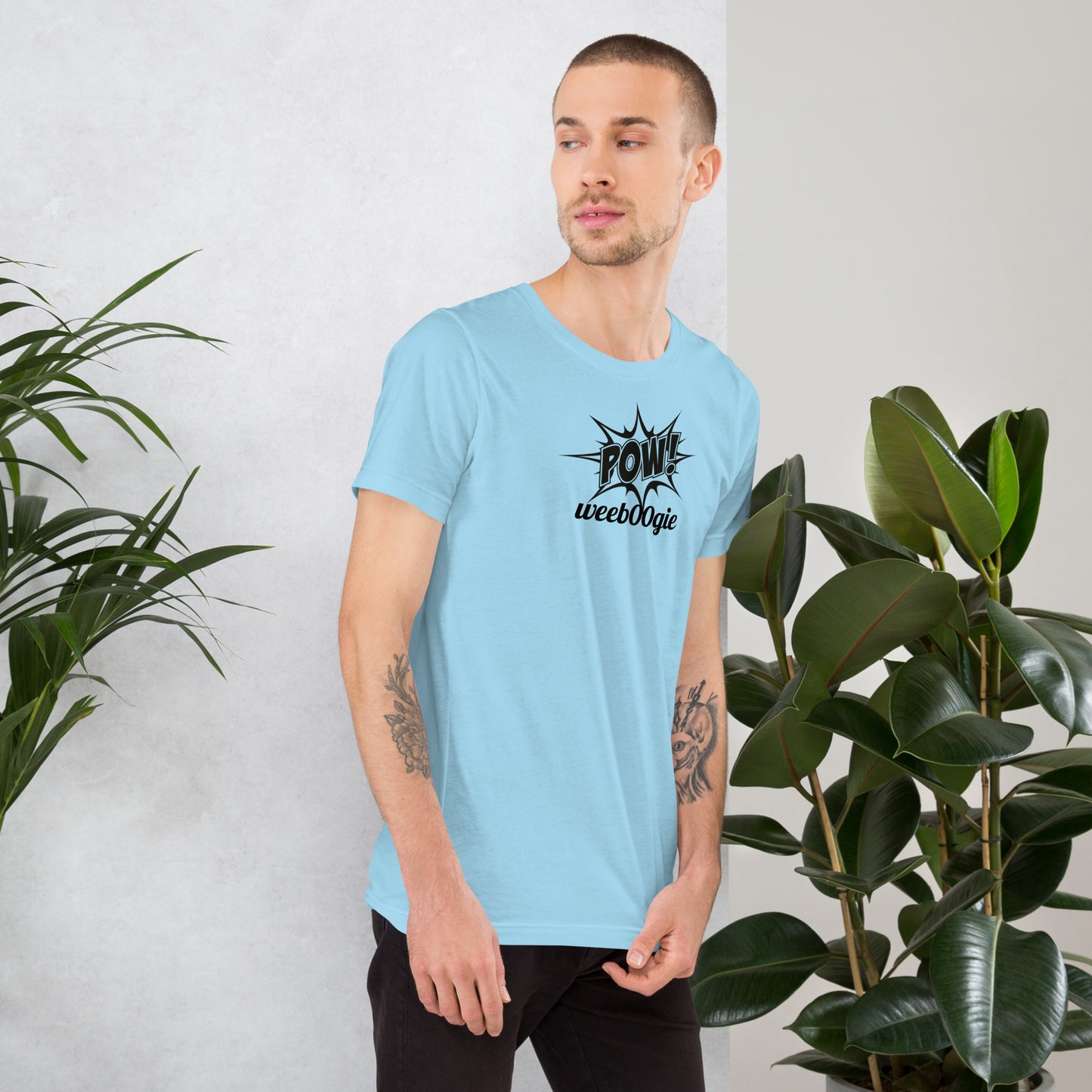 Unisex Staple T-Shirt with Comic Book Style Word POW and wee b00gie Logo - 100% Airlume Combed Ring-Spun Cotton with Side-Seamed Construction - Classic Fit with Shoulder-to-Shoulder Taping - Perfect for Dance Enthusiasts and Comic Book Fans - wee b00gie store