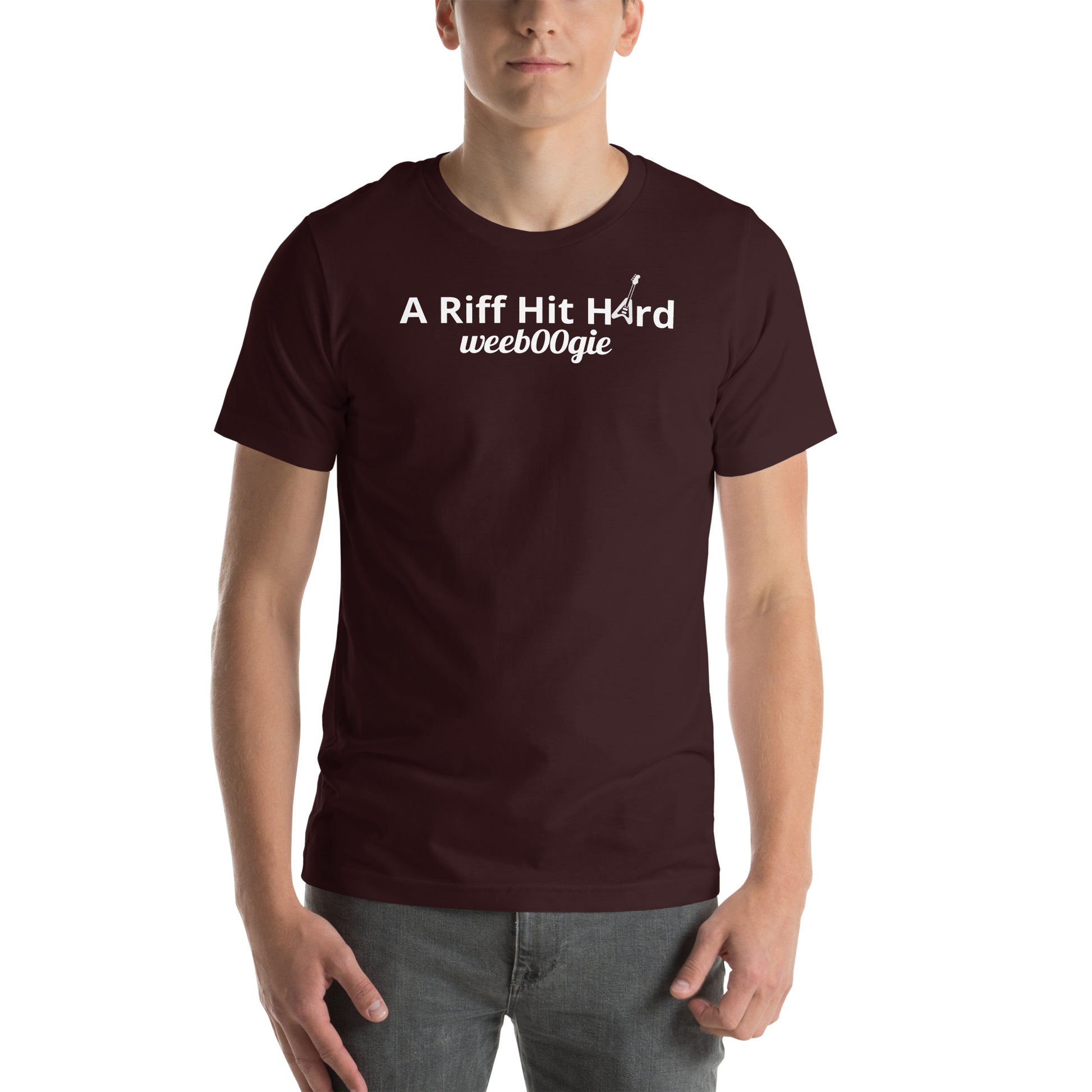Unisex Staple T-Shirt with 'A Riff Hit Hard' Design and wee b00gie Logo - 100% Airlume Combed Ring-Spun Cotton with Side-Seamed Construction - Classic Fit with Shoulder-to-Shoulder Taping - Perfect for Music Lovers and Dance Enthusiasts - wee b00gie store