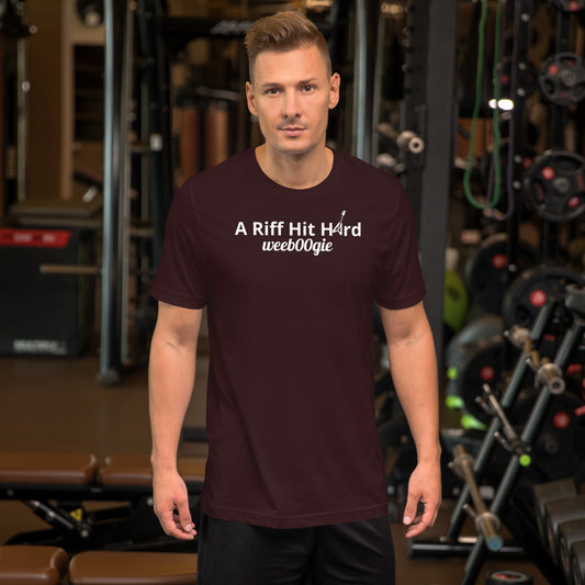 Unisex Staple T-Shirt with 'A Riff Hit Hard' Design and wee b00gie Logo - 100% Airlume Combed Ring-Spun Cotton with Side-Seamed Construction - Classic Fit with Shoulder-to-Shoulder Taping - Perfect for Music Lovers and Dance Enthusiasts - wee b00gie store