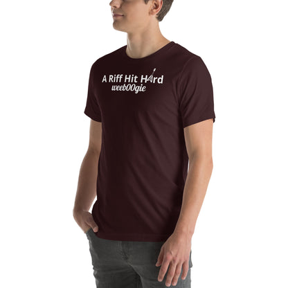 Unisex Staple T-Shirt with 'A Riff Hit Hard' Design and wee b00gie Logo - 100% Airlume Combed Ring-Spun Cotton with Side-Seamed Construction - Classic Fit with Shoulder-to-Shoulder Taping - Perfect for Music Lovers and Dance Enthusiasts - wee b00gie store