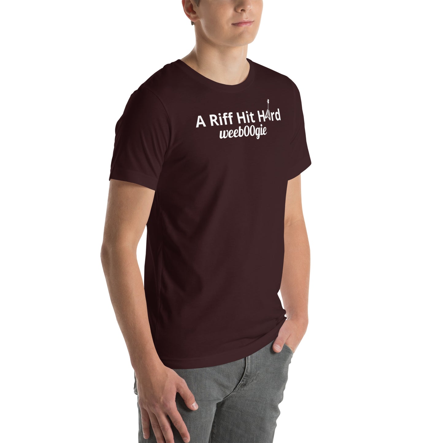 Unisex Staple T-Shirt with 'A Riff Hit Hard' Design and wee b00gie Logo - 100% Airlume Combed Ring-Spun Cotton with Side-Seamed Construction - Classic Fit with Shoulder-to-Shoulder Taping - Perfect for Music Lovers and Dance Enthusiasts - wee b00gie store