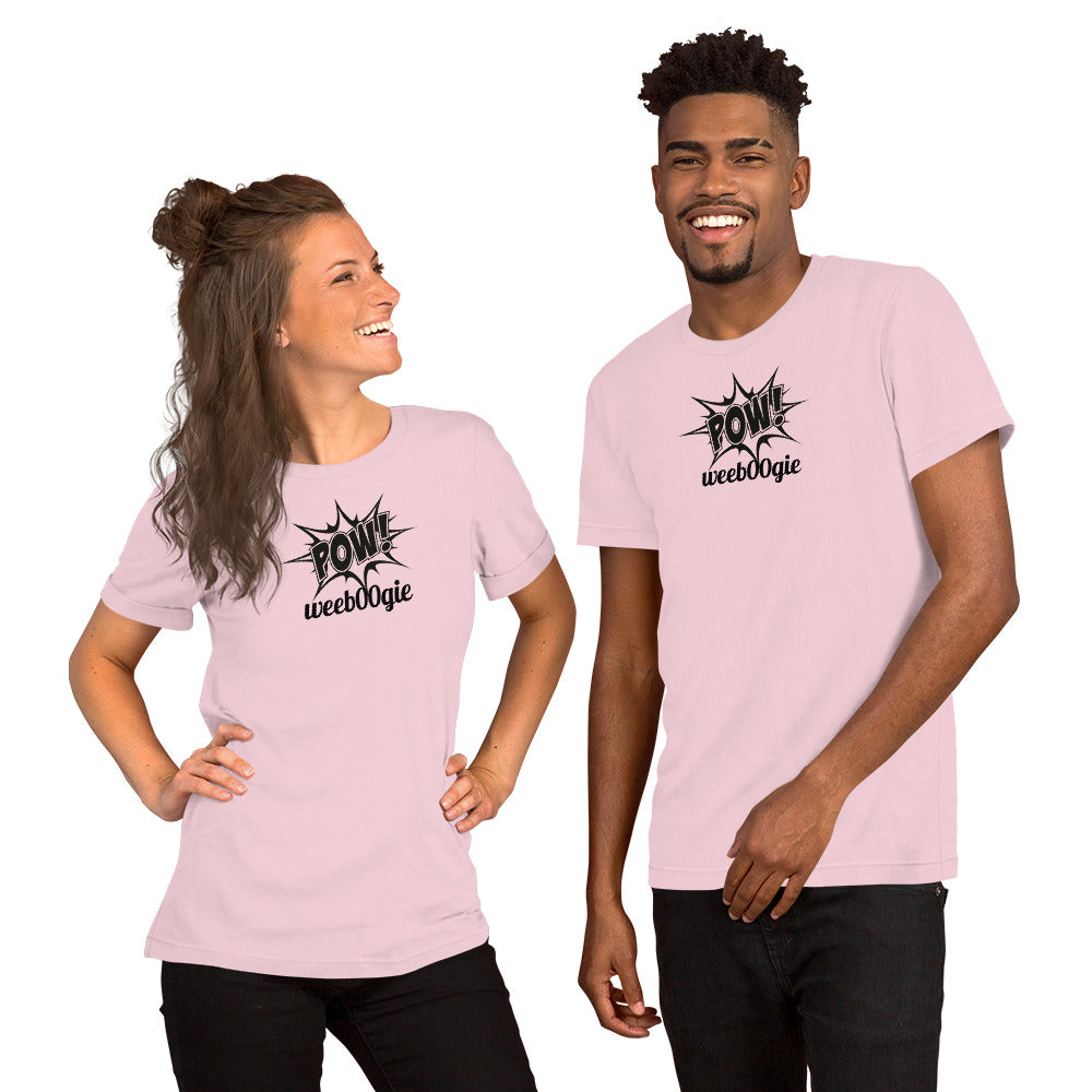 Unisex Staple T-Shirt with Comic Book Style Word POW and wee b00gie Logo - 100% Airlume Combed Ring-Spun Cotton with Side-Seamed Construction - Classic Fit with Shoulder-to-Shoulder Taping - Perfect for Dance Enthusiasts and Comic Book Fans - wee b00gie store