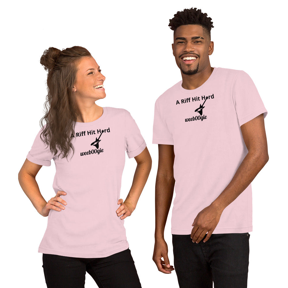 Unisex Staple T-Shirt with 'A Riff Hit Hard' Design and wee b00gie Logo - 100% Airlume Combed Ring-Spun Cotton with Side-Seamed Construction - Classic Fit with Shoulder-to-Shoulder Taping - Perfect for Music Lovers and Dance Enthusiasts - wee b00gie store