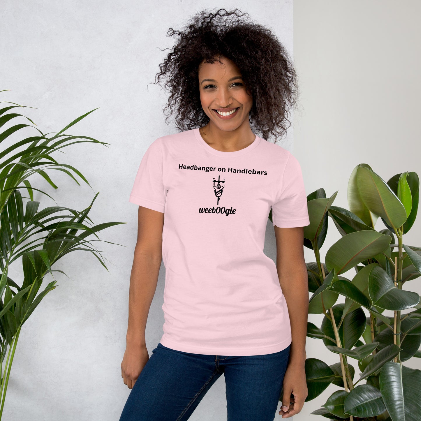  Unisex Staple T-Shirt with 'Headbanger on Handlebars' Design and wee b00gie Logo - 100% Airlume Combed Ring-Spun Cotton with Side-Seamed Construction - Classic Fit with Shoulder-to-Shoulder Taping - Perfect for Cyclists and Music Lovers - wee b00gie store