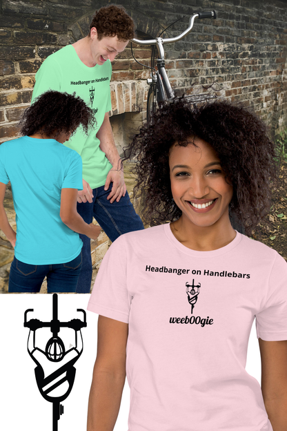  Unisex Staple T-Shirt with 'Headbanger on Handlebars' Design and wee b00gie Logo - 100% Airlume Combed Ring-Spun Cotton with Side-Seamed Construction - Classic Fit with Shoulder-to-Shoulder Taping - Perfect for Cyclists and Music Lovers - wee b00gie store