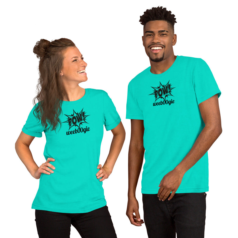 Unisex Staple T-Shirt with Comic Book Style Word POW and wee b00gie Logo - 100% Airlume Combed Ring-Spun Cotton with Side-Seamed Construction - Classic Fit with Shoulder-to-Shoulder Taping - Perfect for Dance Enthusiasts and Comic Book Fans - wee b00gie store