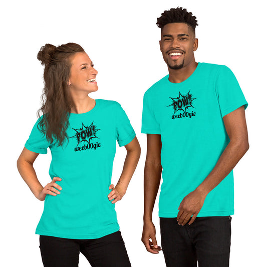 Unisex Staple T-Shirt with Comic Book Style Word POW and wee b00gie Logo - 100% Airlume Combed Ring-Spun Cotton with Side-Seamed Construction - Classic Fit with Shoulder-to-Shoulder Taping - Perfect for Dance Enthusiasts and Comic Book Fans - wee b00gie store