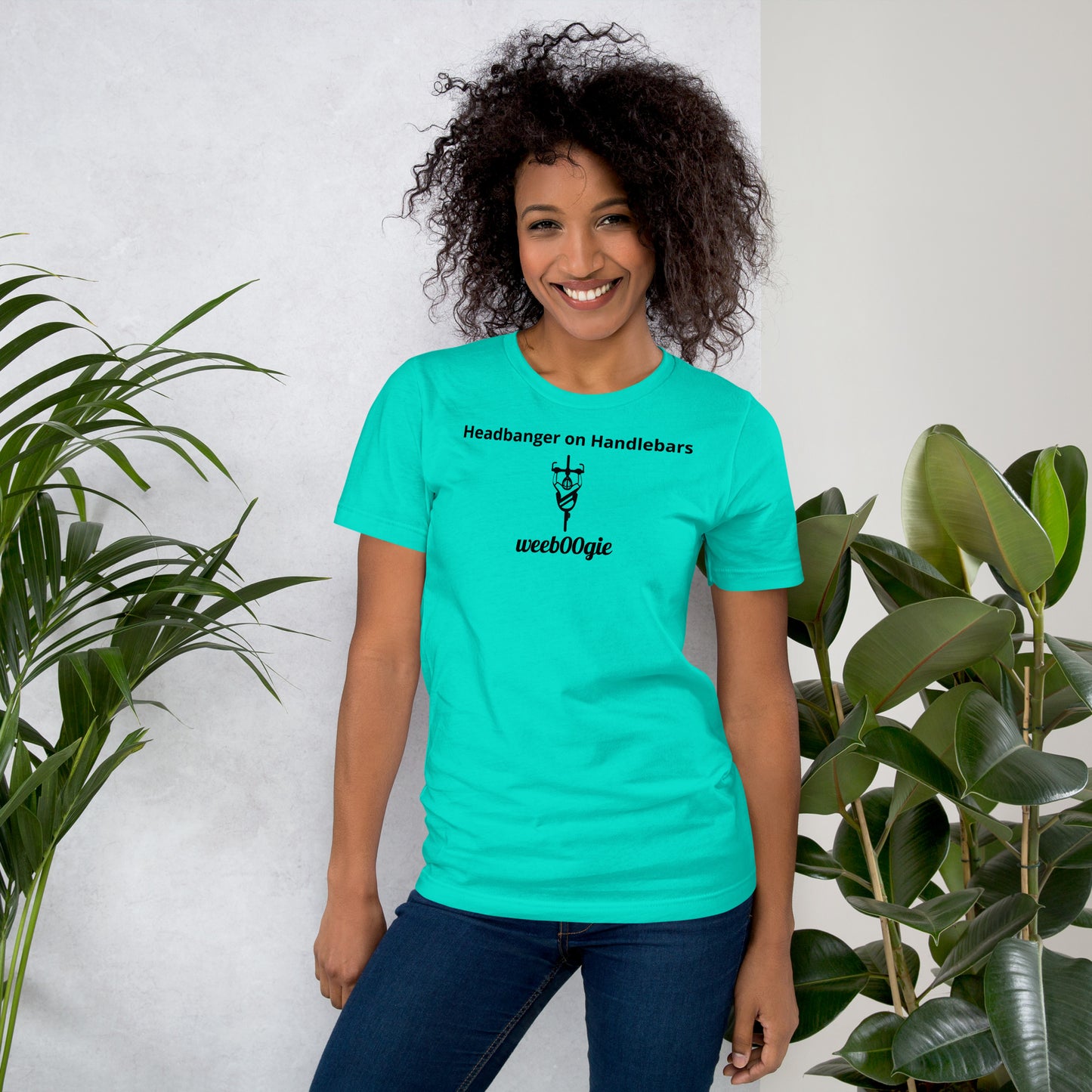  Unisex Staple T-Shirt with 'Headbanger on Handlebars' Design and wee b00gie Logo - 100% Airlume Combed Ring-Spun Cotton with Side-Seamed Construction - Classic Fit with Shoulder-to-Shoulder Taping - Perfect for Cyclists and Music Lovers - wee b00gie store