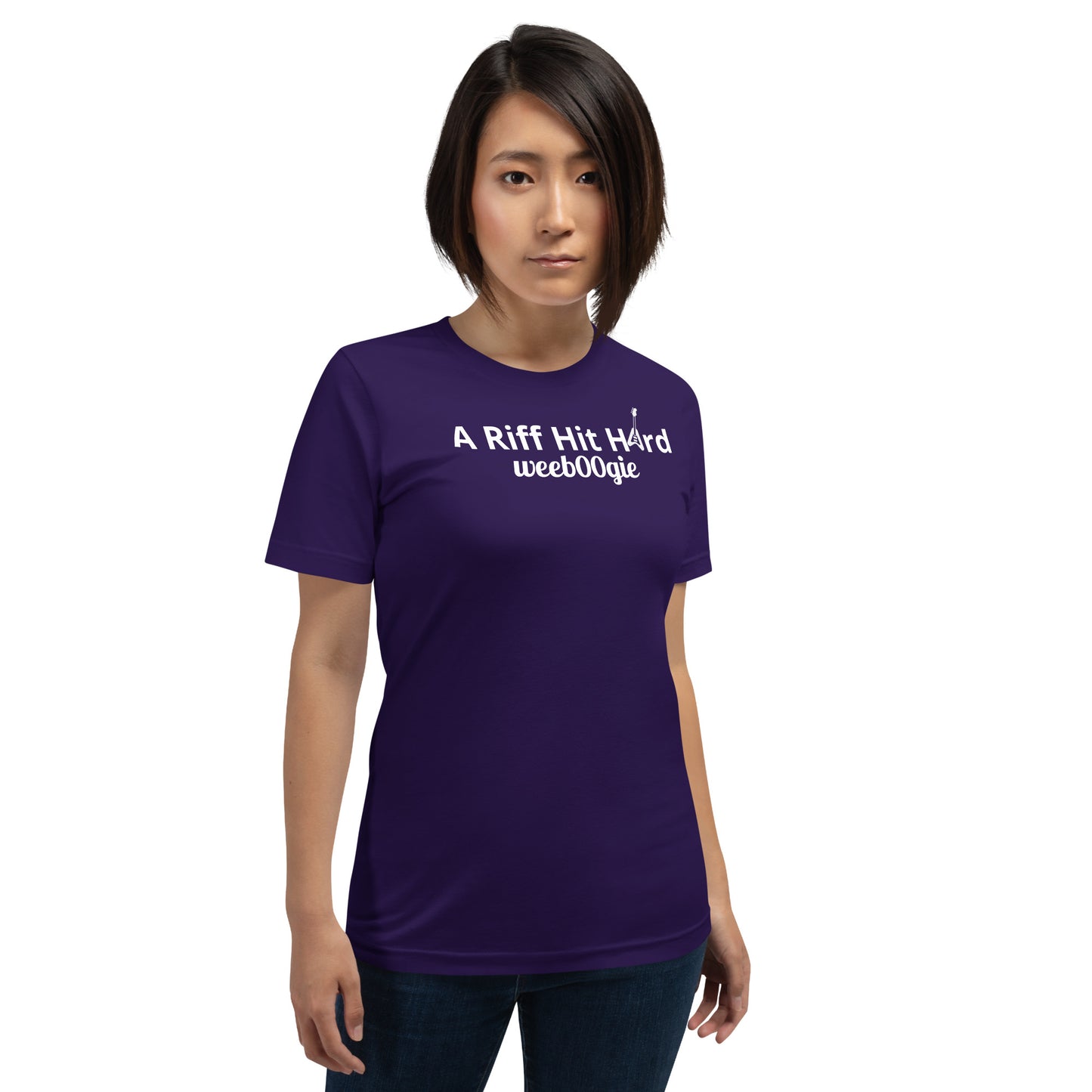 Unisex Staple T-Shirt with 'A Riff Hit Hard' Design and wee b00gie Logo - 100% Airlume Combed Ring-Spun Cotton with Side-Seamed Construction - Classic Fit with Shoulder-to-Shoulder Taping - Perfect for Music Lovers and Dance Enthusiasts - wee b00gie store