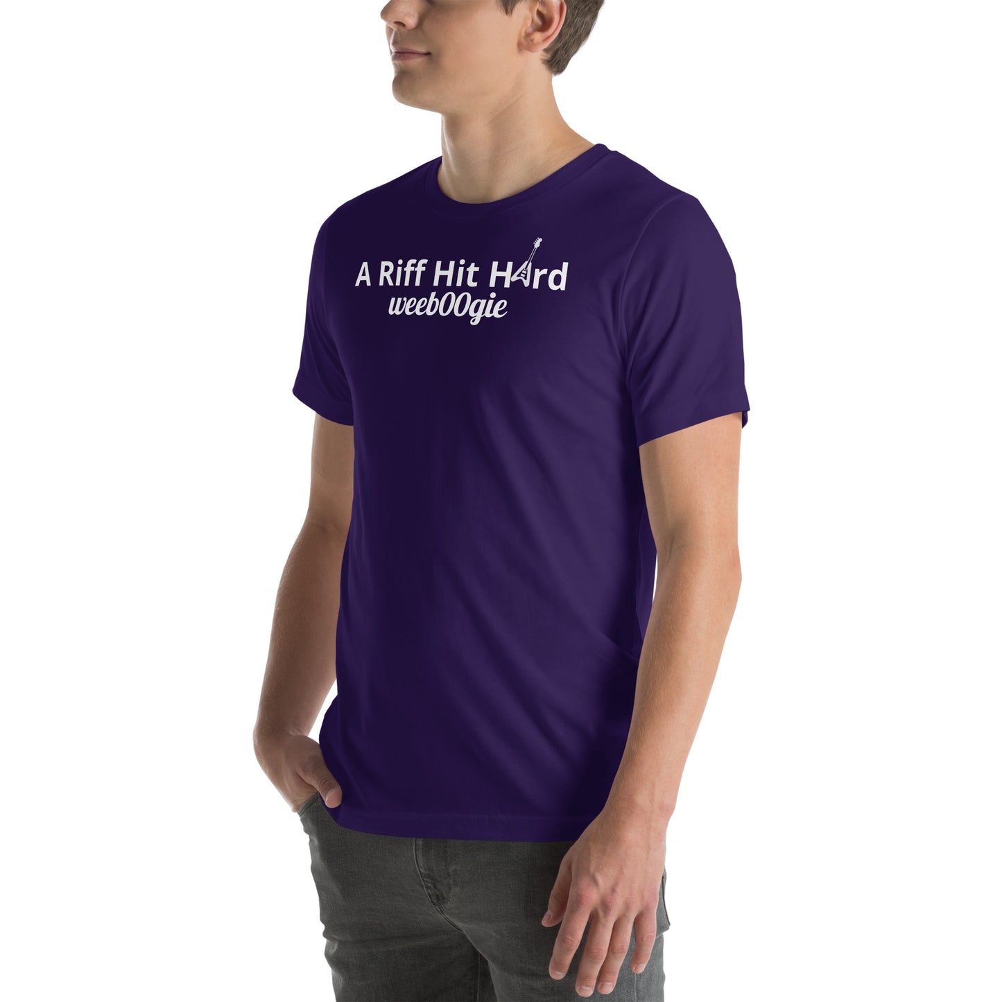 Unisex Staple T-Shirt with 'A Riff Hit Hard' Design and wee b00gie Logo - 100% Airlume Combed Ring-Spun Cotton with Side-Seamed Construction - Classic Fit with Shoulder-to-Shoulder Taping - Perfect for Music Lovers and Dance Enthusiasts - wee b00gie store