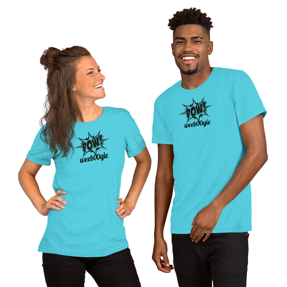 Unisex Staple T-Shirt with Comic Book Style Word POW and wee b00gie Logo - 100% Airlume Combed Ring-Spun Cotton with Side-Seamed Construction - Classic Fit with Shoulder-to-Shoulder Taping - Perfect for Dance Enthusiasts and Comic Book Fans - wee b00gie store