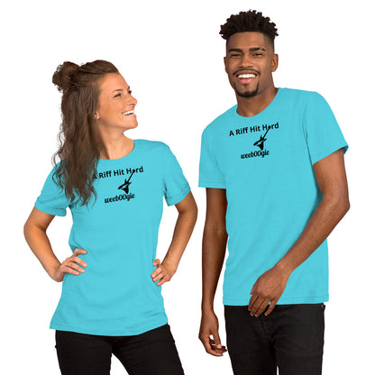 Unisex Staple T-Shirt with 'A Riff Hit Hard' Design and wee b00gie Logo - 100% Airlume Combed Ring-Spun Cotton with Side-Seamed Construction - Classic Fit with Shoulder-to-Shoulder Taping - Perfect for Music Lovers and Dance Enthusiasts - wee b00gie store