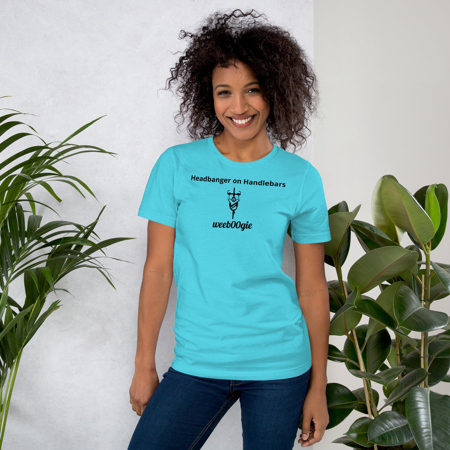  Unisex Staple T-Shirt with 'Headbanger on Handlebars' Design and wee b00gie Logo - 100% Airlume Combed Ring-Spun Cotton with Side-Seamed Construction - Classic Fit with Shoulder-to-Shoulder Taping - Perfect for Cyclists and Music Lovers - wee b00gie store