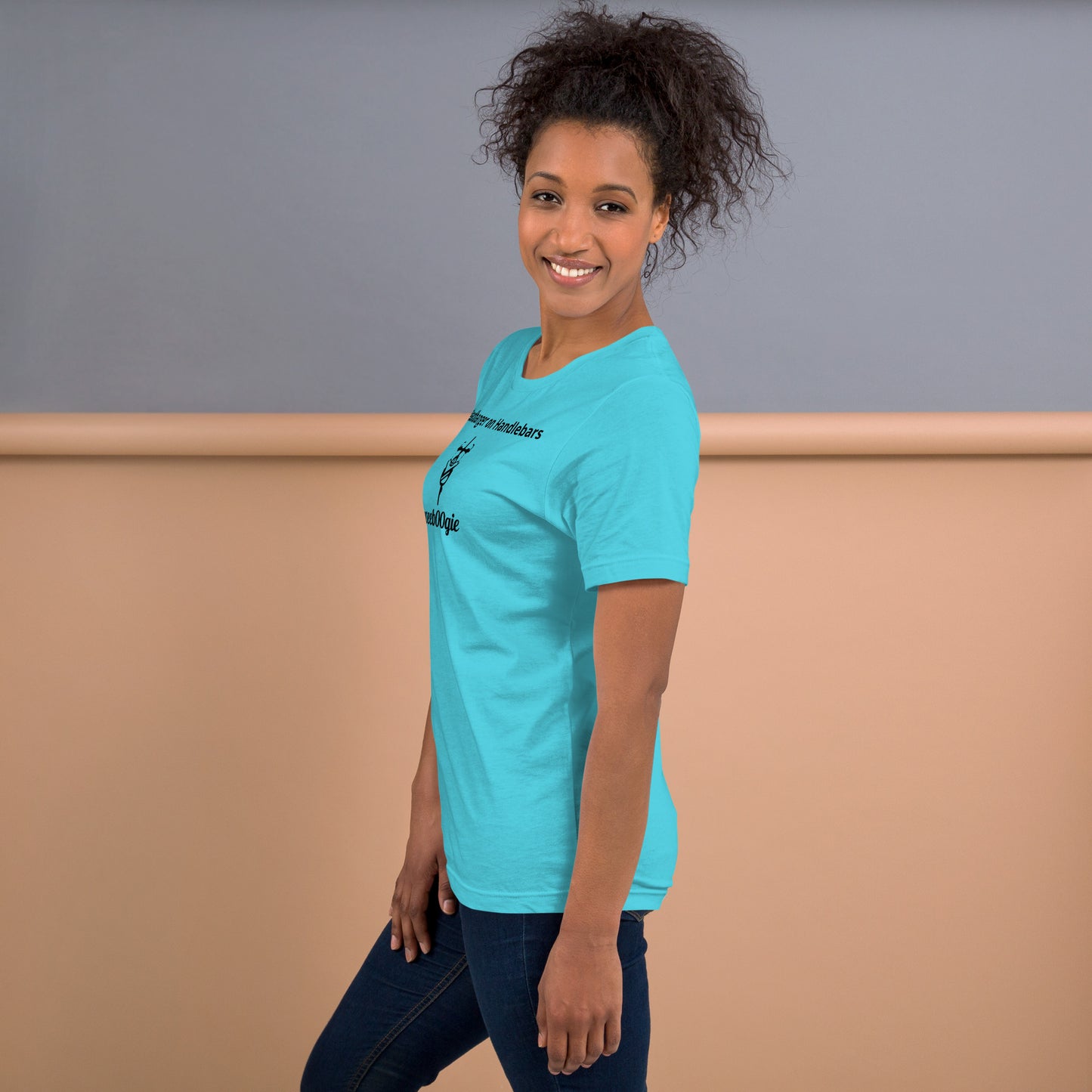  Unisex Staple T-Shirt with 'Headbanger on Handlebars' Design and wee b00gie Logo - 100% Airlume Combed Ring-Spun Cotton with Side-Seamed Construction - Classic Fit with Shoulder-to-Shoulder Taping - Perfect for Cyclists and Music Lovers - wee b00gie store