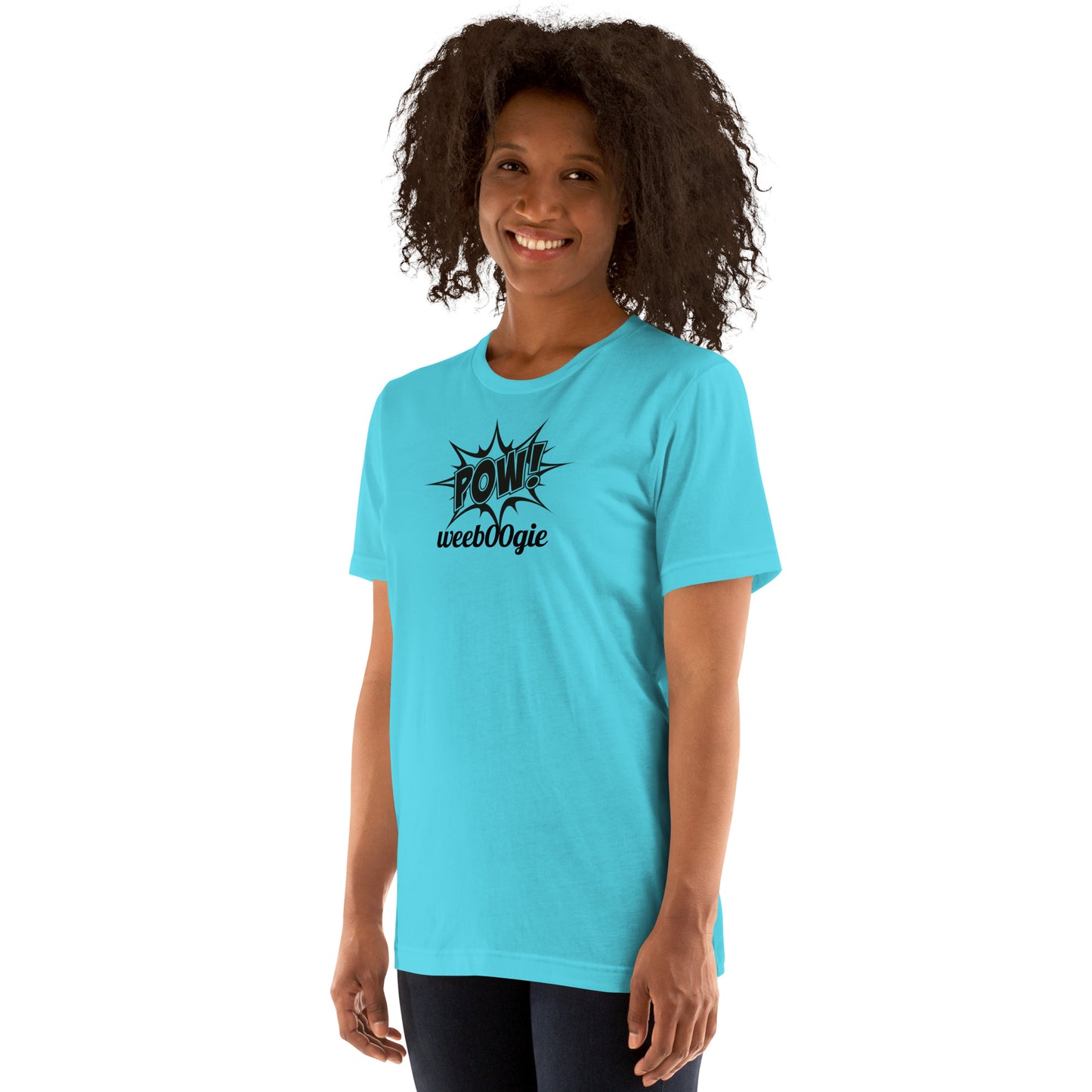 Unisex Staple T-Shirt with Comic Book Style Word POW and wee b00gie Logo - 100% Airlume Combed Ring-Spun Cotton with Side-Seamed Construction - Classic Fit with Shoulder-to-Shoulder Taping - Perfect for Dance Enthusiasts and Comic Book Fans - wee b00gie store