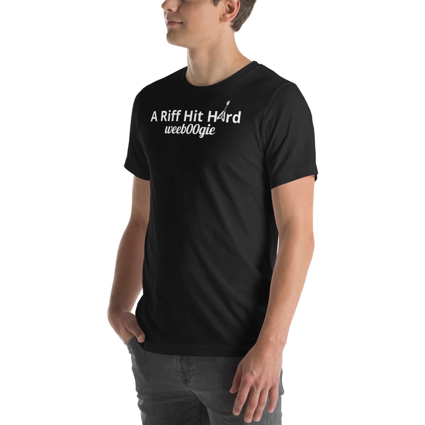 Unisex Staple T-Shirt with 'A Riff Hit Hard' Design and wee b00gie Logo - 100% Airlume Combed Ring-Spun Cotton with Side-Seamed Construction - Classic Fit with Shoulder-to-Shoulder Taping - Perfect for Music Lovers and Dance Enthusiasts - wee b00gie store