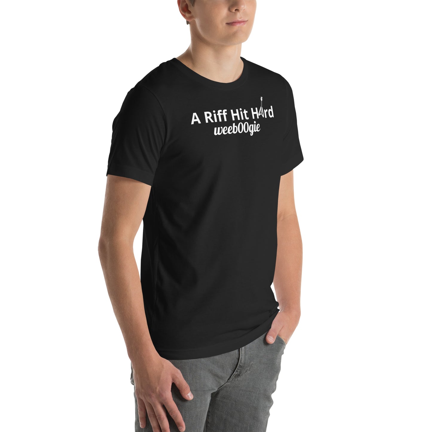 Unisex Staple T-Shirt with 'A Riff Hit Hard' Design and wee b00gie Logo - 100% Airlume Combed Ring-Spun Cotton with Side-Seamed Construction - Classic Fit with Shoulder-to-Shoulder Taping - Perfect for Music Lovers and Dance Enthusiasts - wee b00gie store