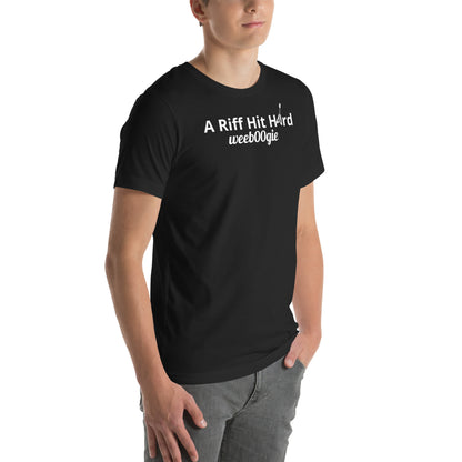 Unisex Staple T-Shirt with 'A Riff Hit Hard' Design and wee b00gie Logo - 100% Airlume Combed Ring-Spun Cotton with Side-Seamed Construction - Classic Fit with Shoulder-to-Shoulder Taping - Perfect for Music Lovers and Dance Enthusiasts - wee b00gie store