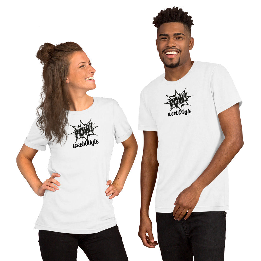 Unisex Staple T-Shirt with Comic Book Style Word POW and wee b00gie Logo - 100% Airlume Combed Ring-Spun Cotton with Side-Seamed Construction - Classic Fit with Shoulder-to-Shoulder Taping - Perfect for Dance Enthusiasts and Comic Book Fans - wee b00gie store