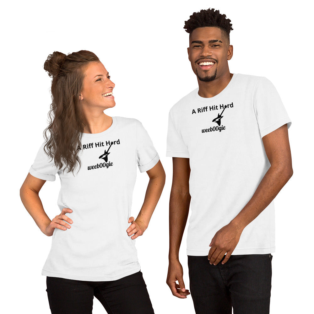 Unisex Staple T-Shirt with 'A Riff Hit Hard' Design and wee b00gie Logo - 100% Airlume Combed Ring-Spun Cotton with Side-Seamed Construction - Classic Fit with Shoulder-to-Shoulder Taping - Perfect for Music Lovers and Dance Enthusiasts - wee b00gie store