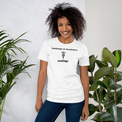  Unisex Staple T-Shirt with 'Headbanger on Handlebars' Design and wee b00gie Logo - 100% Airlume Combed Ring-Spun Cotton with Side-Seamed Construction - Classic Fit with Shoulder-to-Shoulder Taping - Perfect for Cyclists and Music Lovers - wee b00gie store