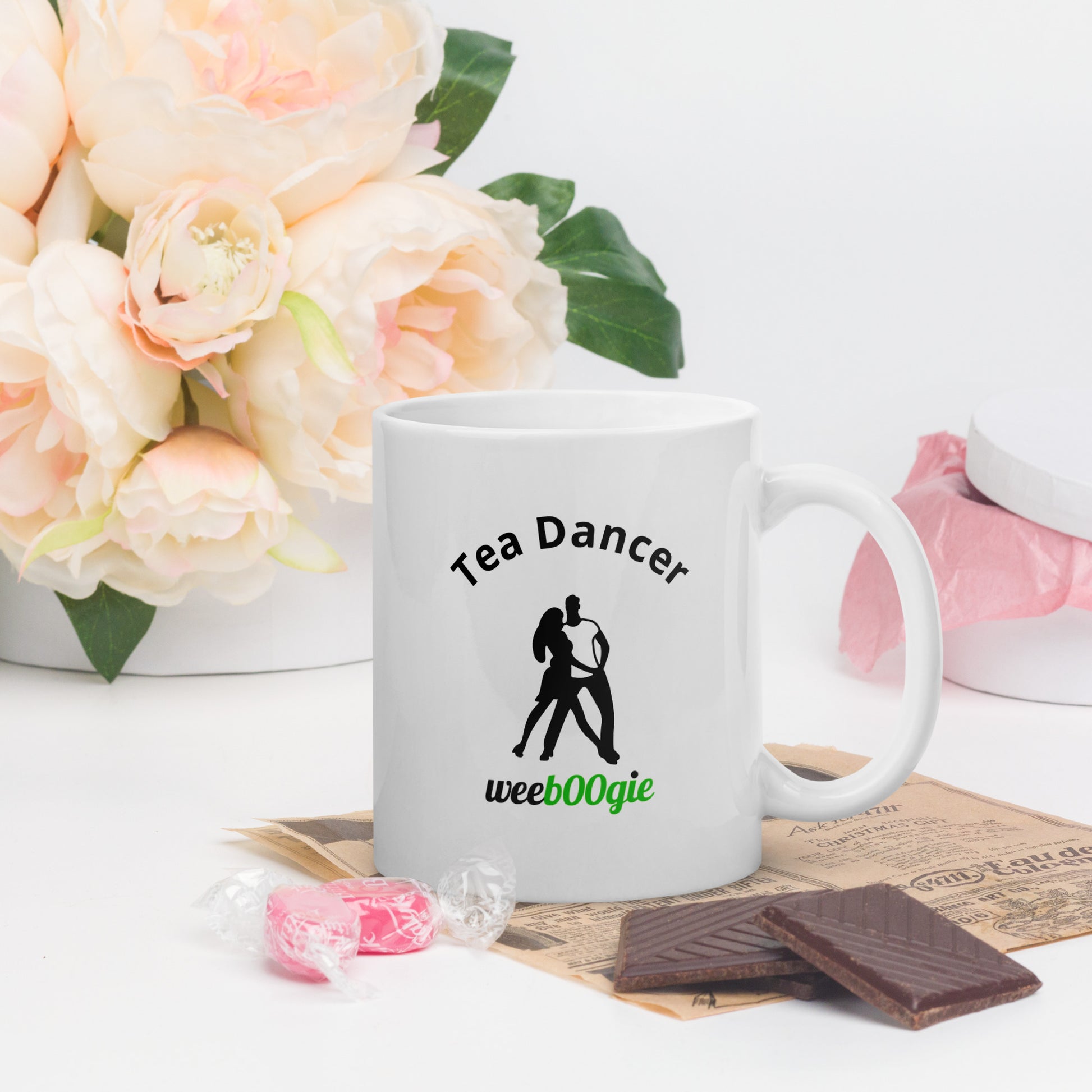 Tea Dancer White Glossy Mug featuring elegant dancing couple - ballroom dance gift for waltz, foxtrot and tango enthusiasts - microwave and dishwasher safe ceramic coffee cup - perfect for dance teachers and performers - wee b00gie store.