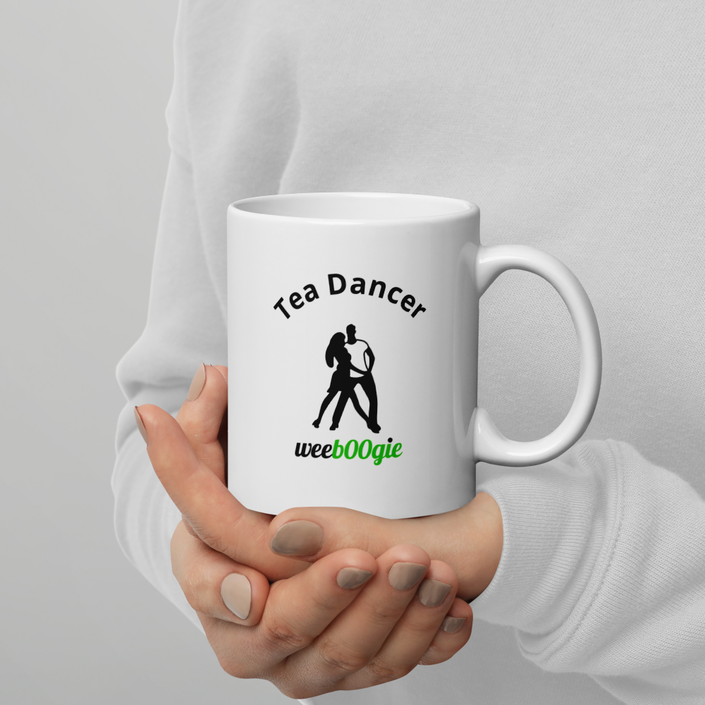 Tea Dancer White Glossy Mug featuring elegant dancing couple - ballroom dance gift for waltz, foxtrot and tango enthusiasts - microwave and dishwasher safe ceramic coffee cup - perfect for dance teachers and performers - wee b00gie store.