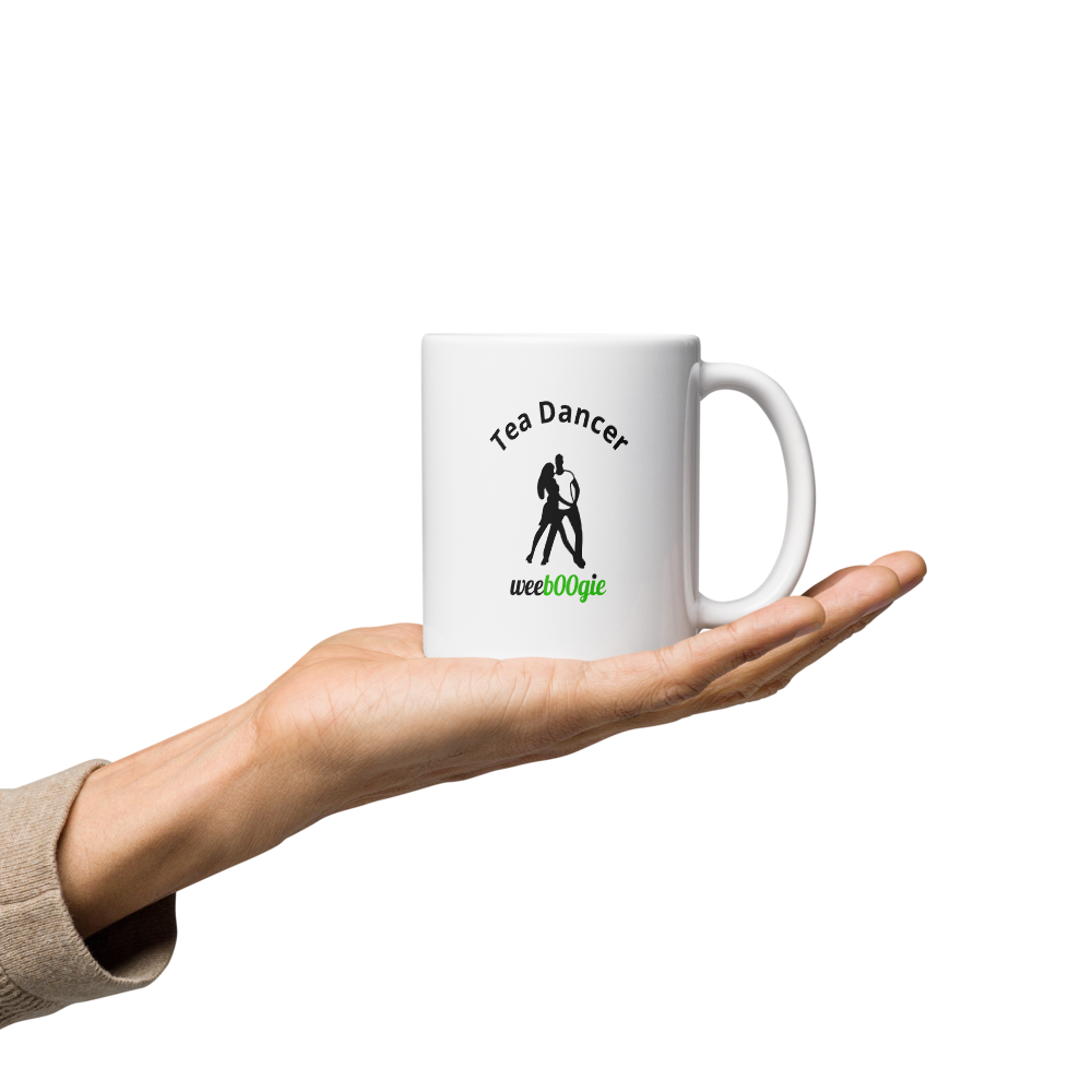 Tea Dancer White Glossy Mug featuring elegant dancing couple - ballroom dance gift for waltz, foxtrot and tango enthusiasts - microwave and dishwasher safe ceramic coffee cup - perfect for dance teachers and performers - wee b00gie store