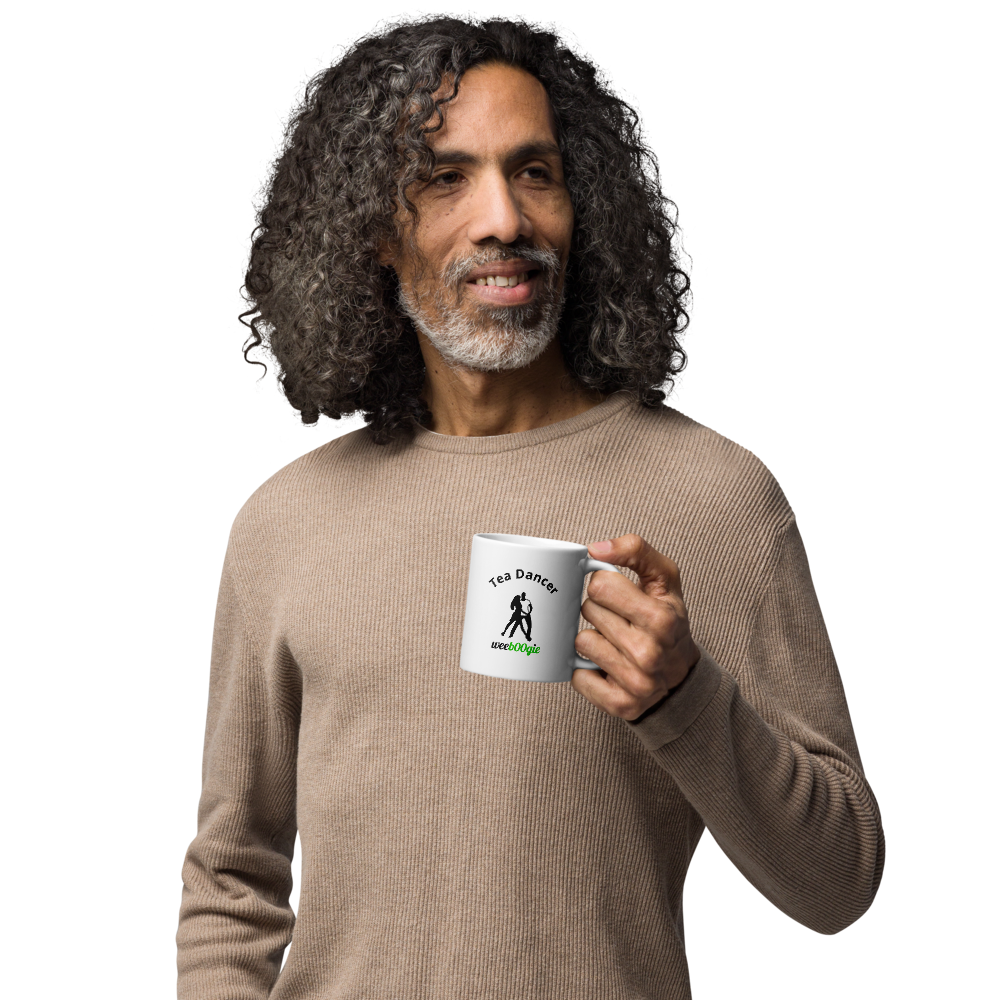 Tea Dancer White Glossy Mug featuring elegant dancing couple - ballroom dance gift for waltz, foxtrot and tango enthusiasts - microwave and dishwasher safe ceramic coffee cup - perfect for dance teachers and performers - wee b00gie store.