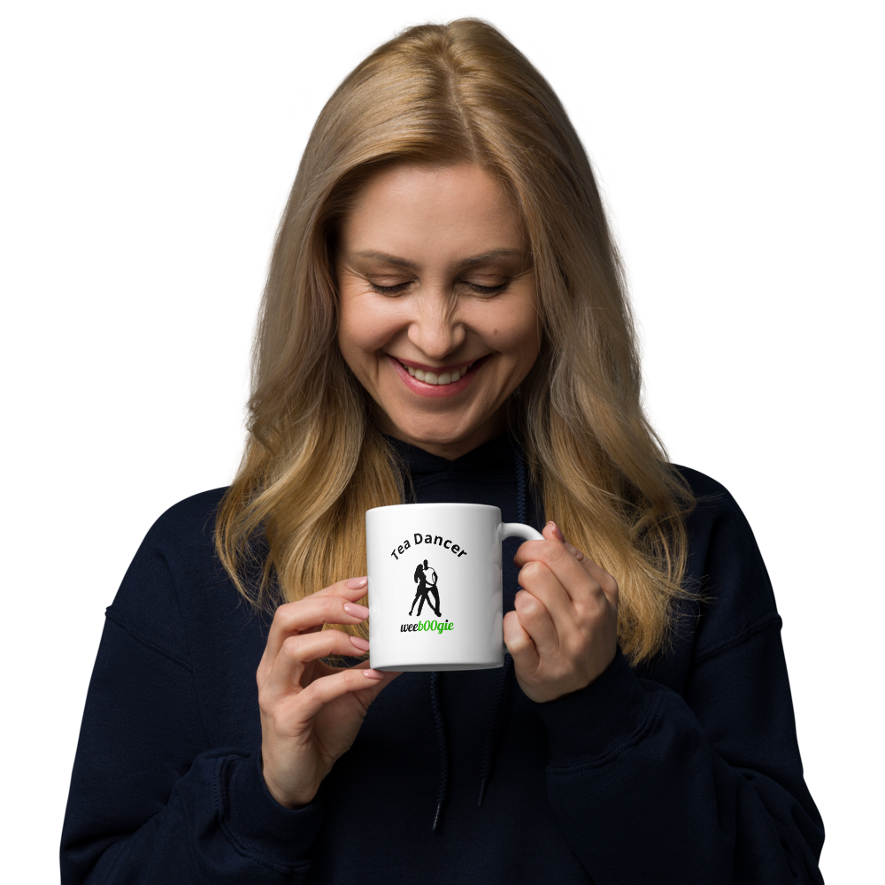 Tea Dancer White Glossy Mug featuring elegant dancing couple - ballroom dance gift for waltz, foxtrot and tango enthusiasts - microwave and dishwasher safe ceramic coffee cup - perfect for dance teachers and performers - wee b00gie store.