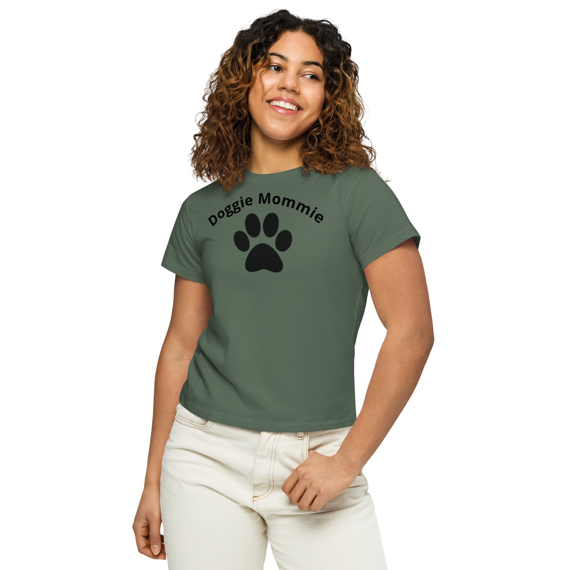 Women's High-Waisted Tee - Premium Cotton Blend with Classic Fit in Pine Green - Comfortable High-Waisted Design with Short Sleeves - Perfect for Casual Wear, Everyday Style and Layering featuring the words Doggie Mommie and a Paw Print - wee b00gie store