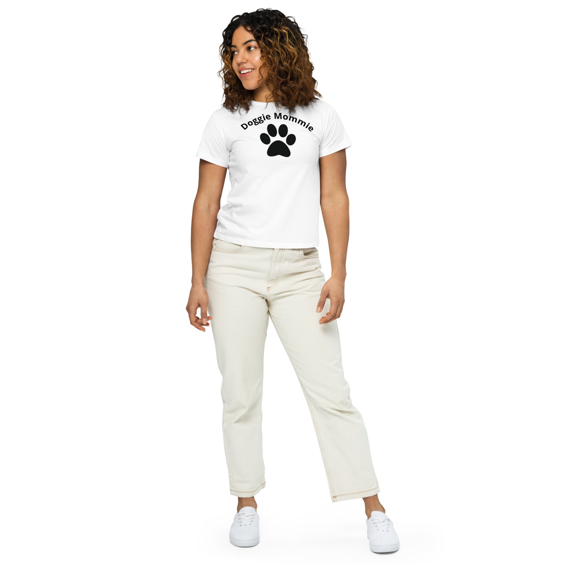 Women's High-Waisted Tee - Premium Cotton Blend with Classic Fit in Pine Green - Comfortable High-Waisted Design with Short Sleeves - Perfect for Casual Wear, Everyday Style and Layering featuring the words Doggie Mommie and a Paw Print - wee b00gie store