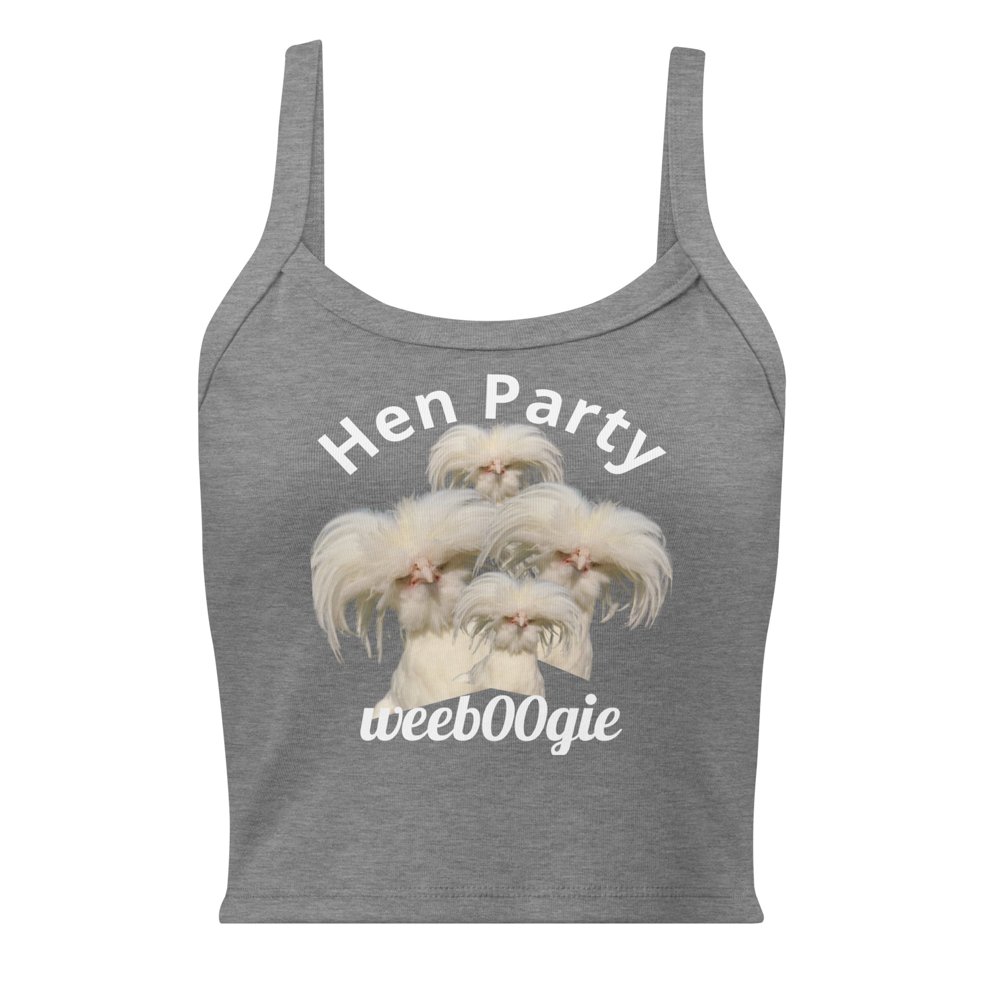Hen Party Bachelorette Bridal Women's Micro-Rib Tank Top Vest featuring Four Quirky White Chickens with Long Hair - Soft Airlume Cotton Blend with Thick Straps and Scoop Neck - Mid-Length Stretch Fit with Side-Seamed Construction - Perfect for Brides and Bachelorette Celebrations - wee b00gie store