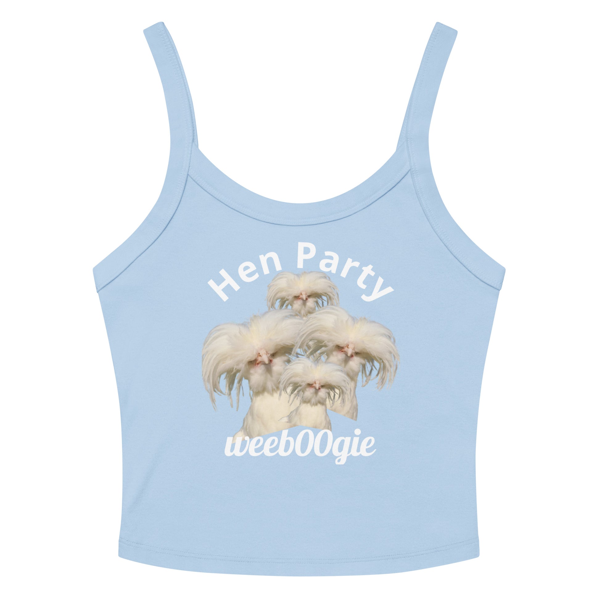Hen Party Bachelorette Bridal Women's Micro-Rib Tank Top Vest featuring Four Quirky White Chickens with Long Hair - Soft Airlume Cotton Blend with Thick Straps and Scoop Neck - Mid-Length Stretch Fit with Side-Seamed Construction - Perfect for Brides and Bachelorette Celebrations - wee b00gie store