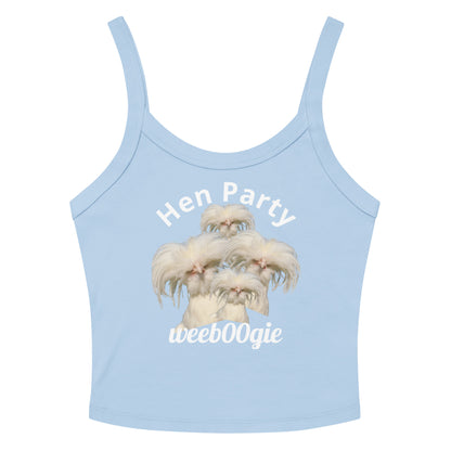 Hen Party Bachelorette Bridal Women's Micro-Rib Tank Top Vest featuring Four Quirky White Chickens with Long Hair - Soft Airlume Cotton Blend with Thick Straps and Scoop Neck - Mid-Length Stretch Fit with Side-Seamed Construction - Perfect for Brides and Bachelorette Celebrations - wee b00gie store