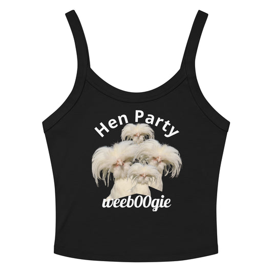 Hen Party Bachelorette Bridal Women's Micro-Rib Tank Top Vest featuring Four Quirky White Chickens with Long Hair - Soft Airlume Cotton Blend with Thick Straps and Scoop Neck - Mid-Length Stretch Fit with Side-Seamed Construction - Perfect for Brides and Bachelorette Celebrations - wee b00gie store