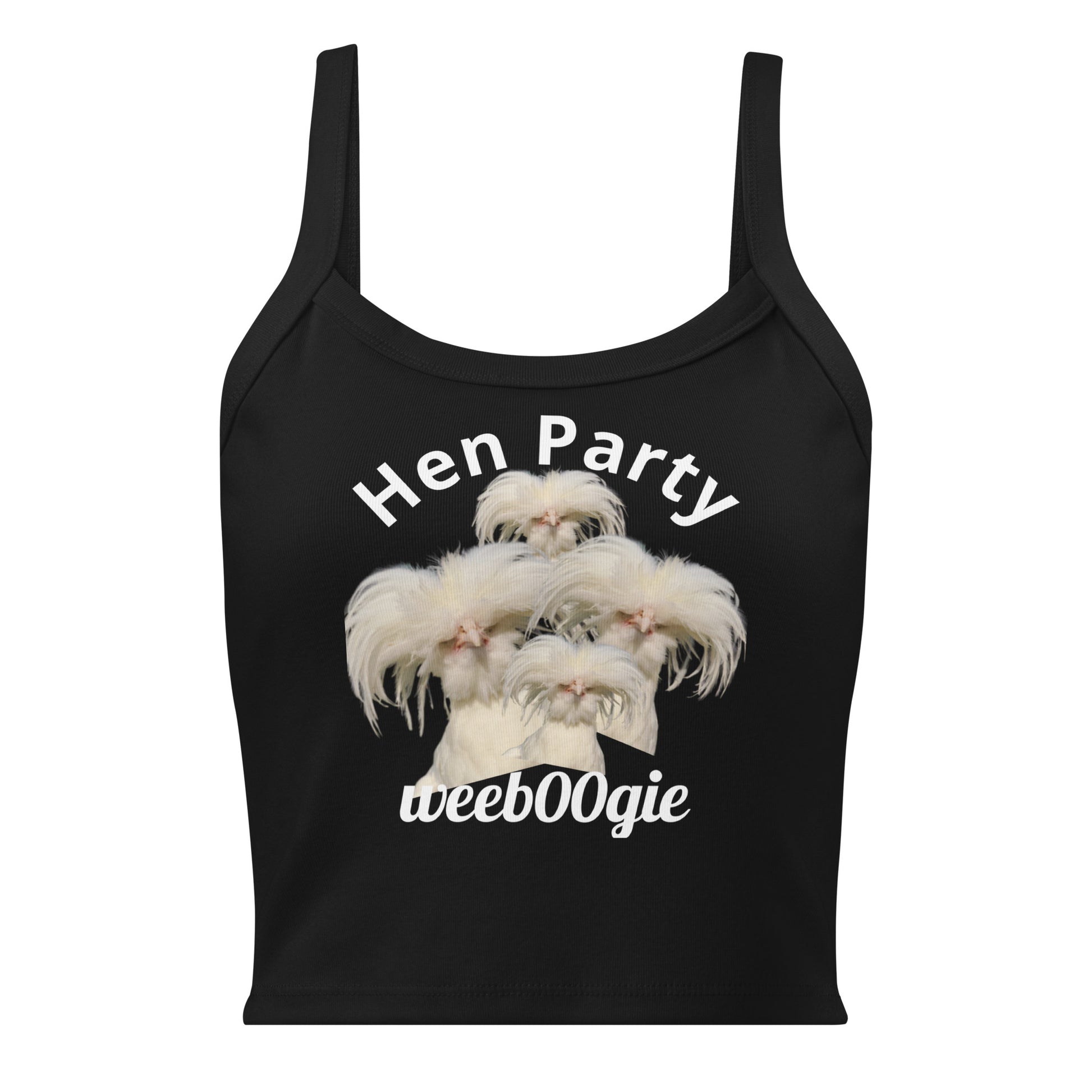 Hen Party Bachelorette Bridal Women's Micro-Rib Tank Top Vest featuring Four Quirky White Chickens with Long Hair - Soft Airlume Cotton Blend with Thick Straps and Scoop Neck - Mid-Length Stretch Fit with Side-Seamed Construction - Perfect for Brides and Bachelorette Celebrations - wee b00gie store