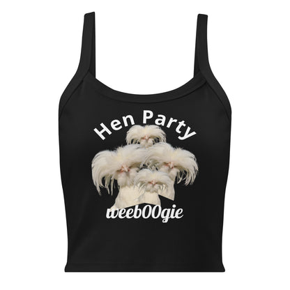 Hen Party Bachelorette Bridal Women's Micro-Rib Tank Top Vest featuring Four Quirky White Chickens with Long Hair - Soft Airlume Cotton Blend with Thick Straps and Scoop Neck - Mid-Length Stretch Fit with Side-Seamed Construction - Perfect for Brides and Bachelorette Celebrations - wee b00gie store