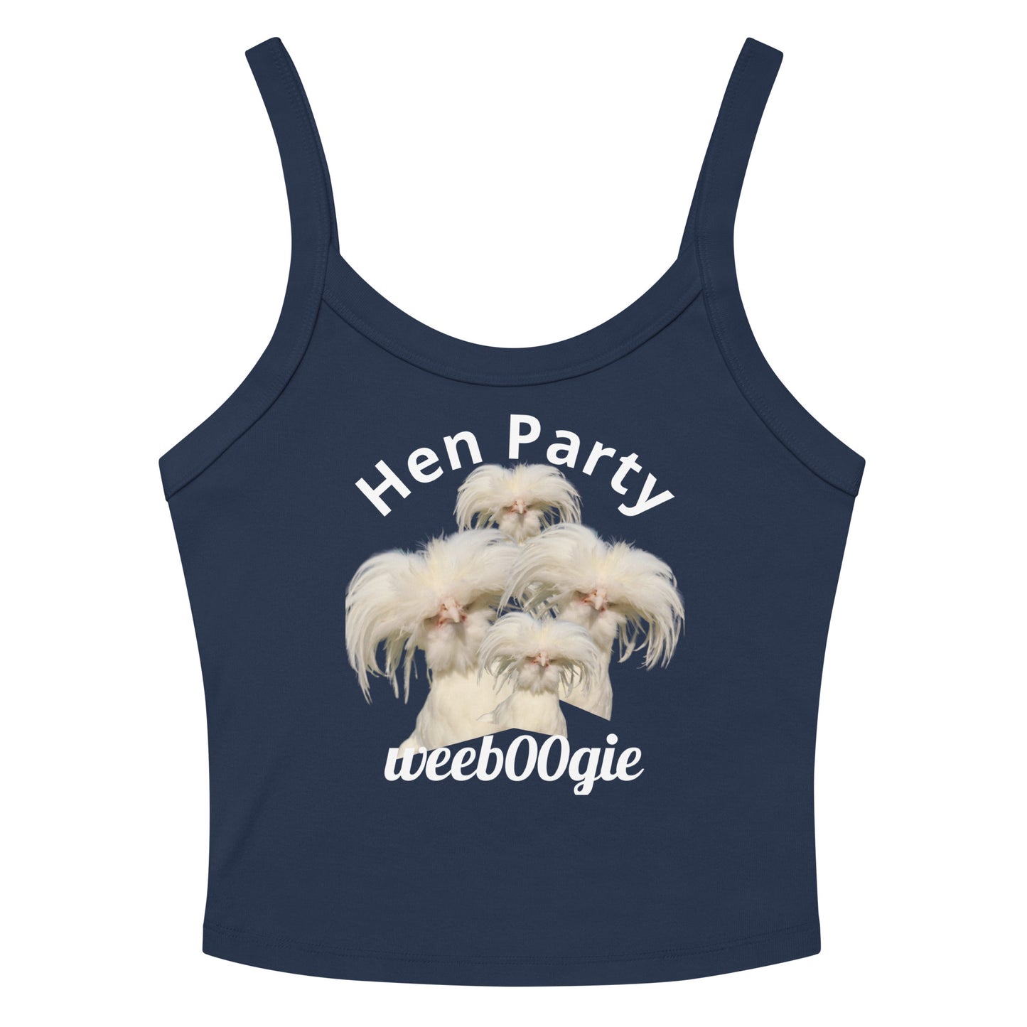 Hen Party Bachelorette Bridal Women's Micro-Rib Tank Top Vest featuring Four Quirky White Chickens with Long Hair - Soft Airlume Cotton Blend with Thick Straps and Scoop Neck - Mid-Length Stretch Fit with Side-Seamed Construction - Perfect for Brides and Bachelorette Celebrations - wee b00gie store