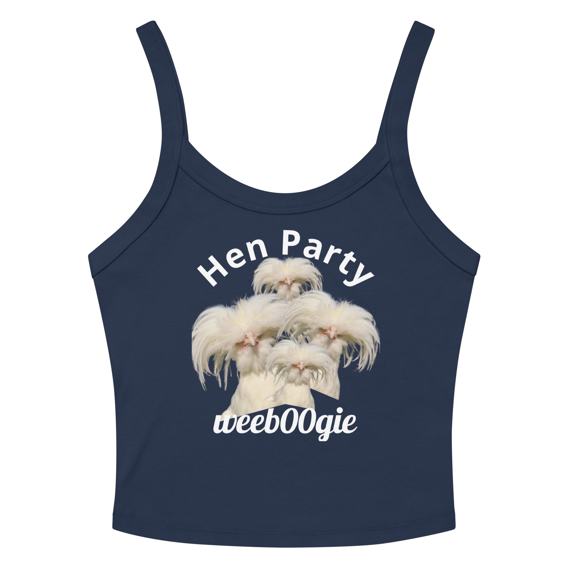 Hen Party Bachelorette Bridal Women's Micro-Rib Tank Top Vest featuring Four Quirky White Chickens with Long Hair - Soft Airlume Cotton Blend with Thick Straps and Scoop Neck - Mid-Length Stretch Fit with Side-Seamed Construction - Perfect for Brides and Bachelorette Celebrations - wee b00gie store