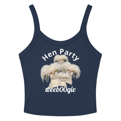 Hen Party Bachelorette Bridal Women's Micro-Rib Tank Top Vest featuring Four Quirky White Chickens with Long Hair - Soft Airlume Cotton Blend with Thick Straps and Scoop Neck - Mid-Length Stretch Fit with Side-Seamed Construction - Perfect for Brides and Bachelorette Celebrations - wee b00gie store