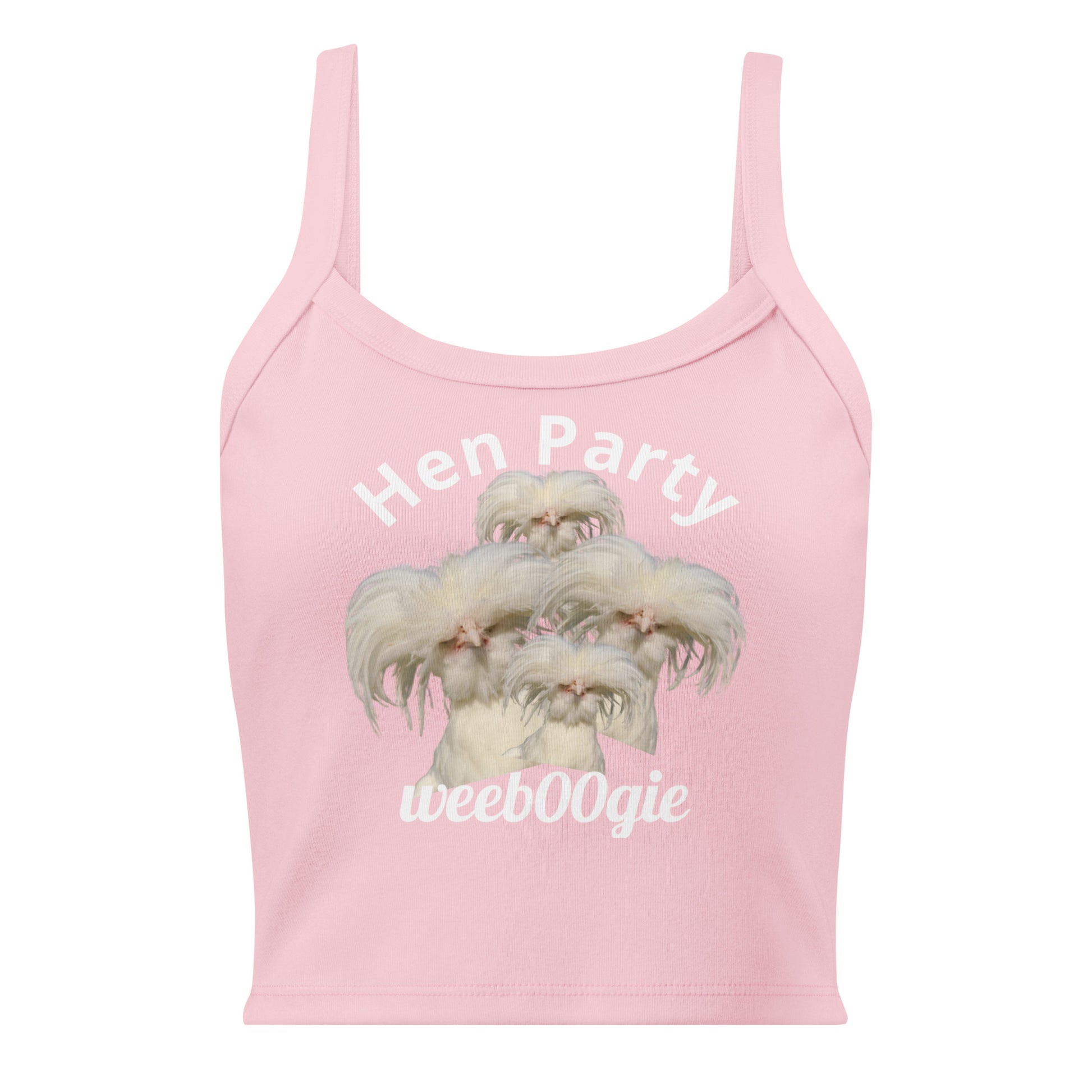 Hen Party Bachelorette Bridal Women's Micro-Rib Tank Top Vest featuring Four Quirky White Chickens with Long Hair - Soft Airlume Cotton Blend with Thick Straps and Scoop Neck - Mid-Length Stretch Fit with Side-Seamed Construction - Perfect for Brides and Bachelorette Celebrations - wee b00gie store