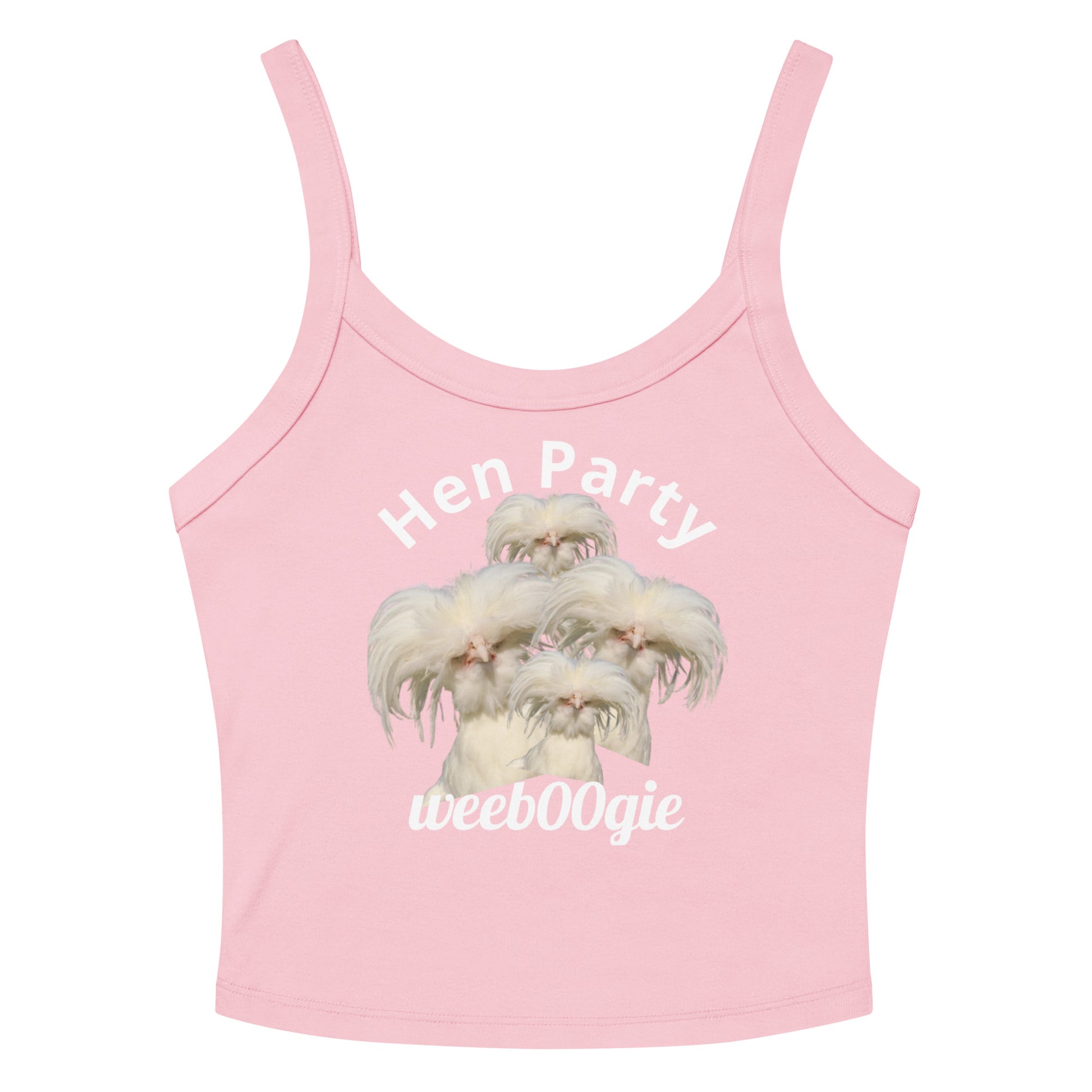 Hen Party Bachelorette Bridal Women's Micro-Rib Tank Top Vest featuring Four Quirky White Chickens with Long Hair - Soft Airlume Cotton Blend with Thick Straps and Scoop Neck - Mid-Length Stretch Fit with Side-Seamed Construction - Perfect for Brides and Bachelorette Celebrations - wee b00gie store