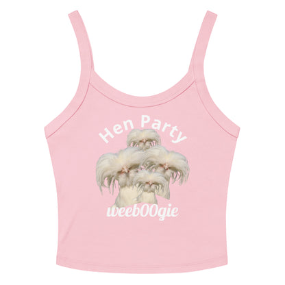 Hen Party Bachelorette Bridal Women's Micro-Rib Tank Top Vest featuring Four Quirky White Chickens with Long Hair - Soft Airlume Cotton Blend with Thick Straps and Scoop Neck - Mid-Length Stretch Fit with Side-Seamed Construction - Perfect for Brides and Bachelorette Celebrations - wee b00gie store