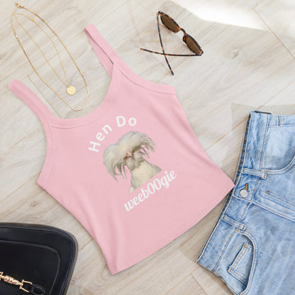 Hen Do Women's Micro-Rib Tank Top featuring White Chicken and Hen Do Text - Soft Airlume Cotton Blend with Thick Straps and Scoop Neck - Mid-Length Stretch Fit with Side-Seamed Construction - Perfect for Hen Parties and Bachelorette Celebrations - wee b00gie store