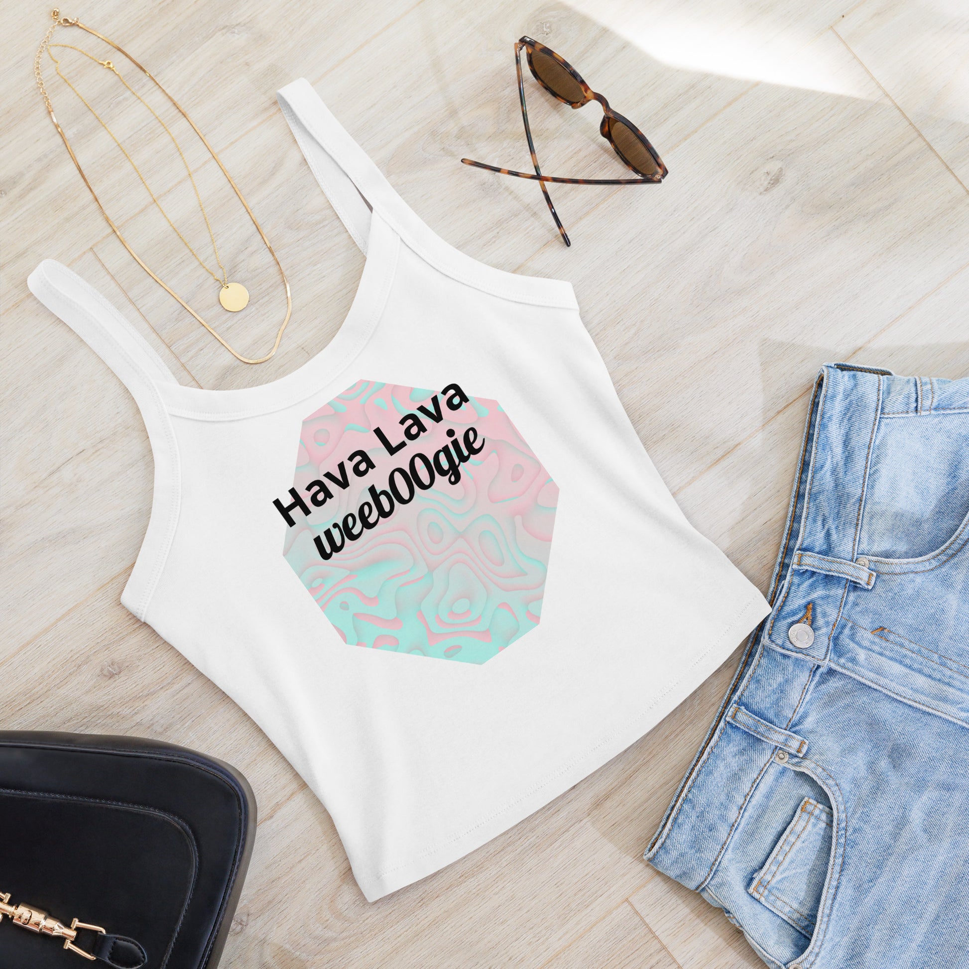 wee b00gie Hava Lava Women's Micro-Rib Tank Top wee b00gie - 52% Airlume Combed Ring-Spun Cotton 48% Polyester Micro-Rib Fabric - Fitted Sleeveless Design with Micro-Rib Texture - Perfect for Dance Events and Lava Dance Style - wee b00gie store